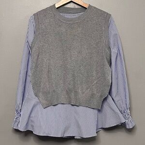 French Collection Grey Sweater Vest W/ Long Sleeve Blue/White Ruffle Hem Shirt
